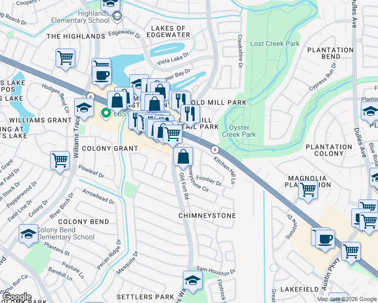 map of restaurants, bars, coffee shops, grocery stores, and more near 2507 Old Fort Road in Sugar Land