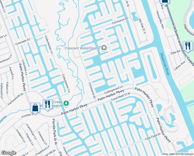 map of restaurants, bars, coffee shops, grocery stores, and more near 19 Cedar Hollow Court in Palm Coast
