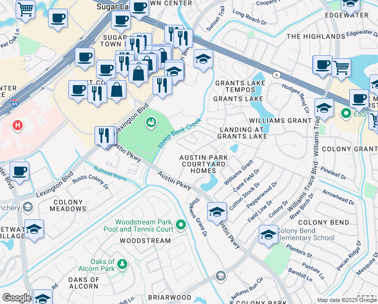 map of restaurants, bars, coffee shops, grocery stores, and more near 3014 Monet Drive in Sugar Land