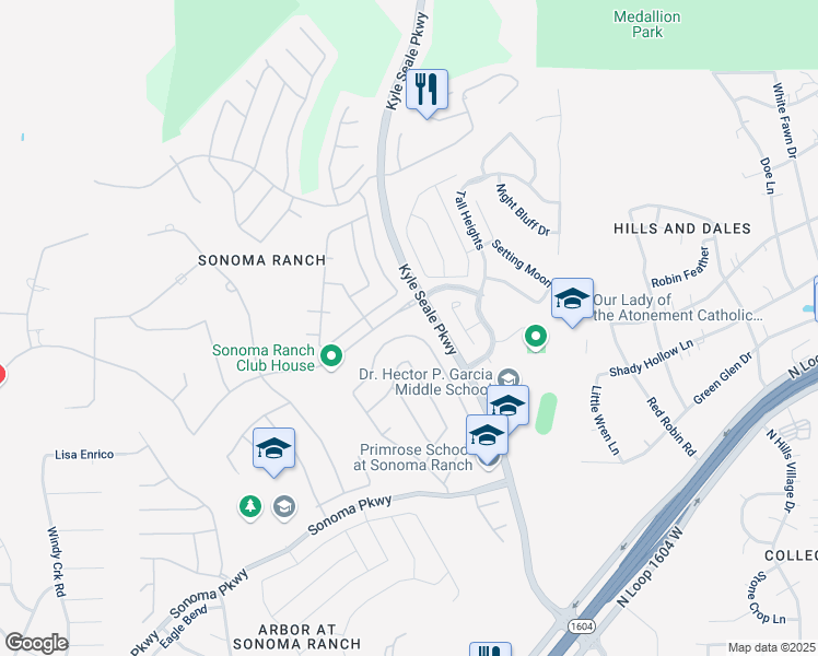 map of restaurants, bars, coffee shops, grocery stores, and more near 8515 Magdalena Run in Helotes