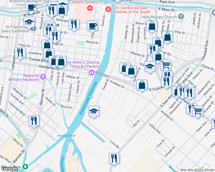 map of restaurants, bars, coffee shops, grocery stores, and more near 800-874 Saadi St in Houma