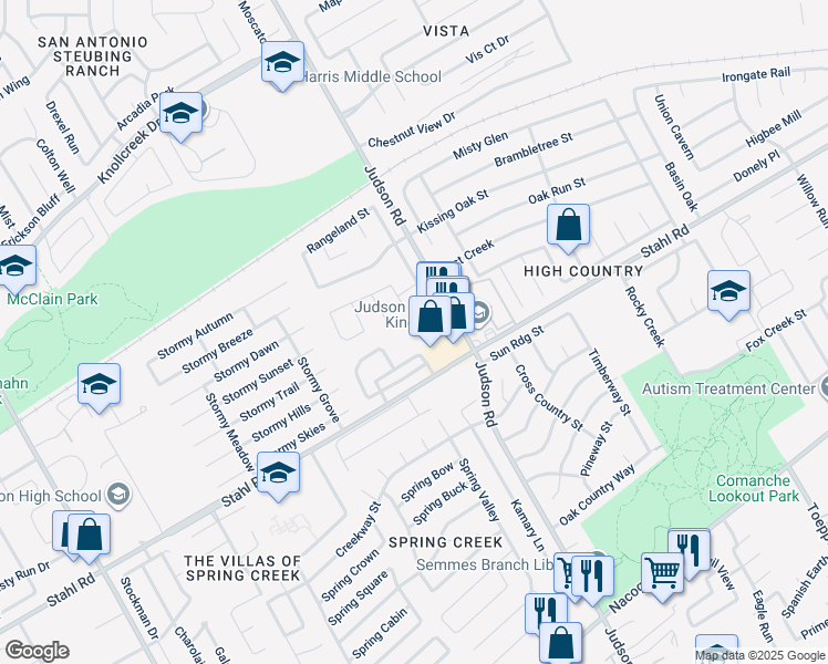 map of restaurants, bars, coffee shops, grocery stores, and more near 1 Heartland Drive in San Antonio