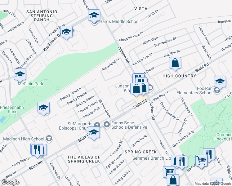 map of restaurants, bars, coffee shops, grocery stores, and more near 16315 Bitter Creek Street in San Antonio