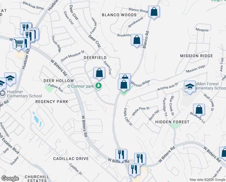 map of restaurants, bars, coffee shops, grocery stores, and more near 15502 Clover Ridge Street in San Antonio