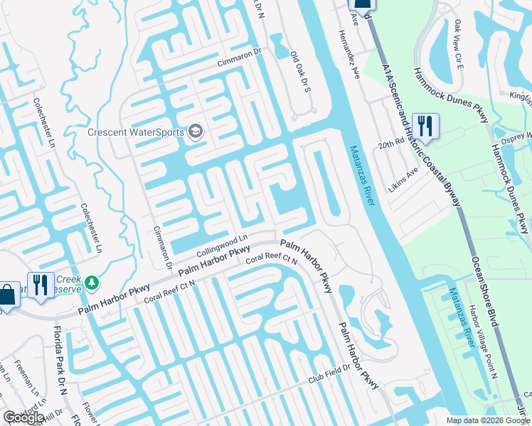 map of restaurants, bars, coffee shops, grocery stores, and more near 13 Cottonwood Court in Palm Coast