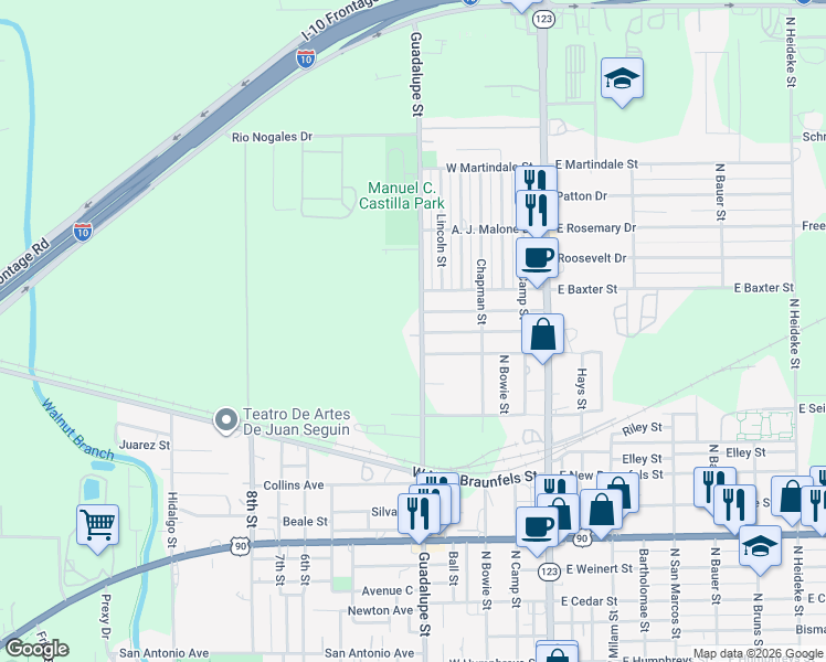 map of restaurants, bars, coffee shops, grocery stores, and more near 1720 North Guadalupe Street in Seguin