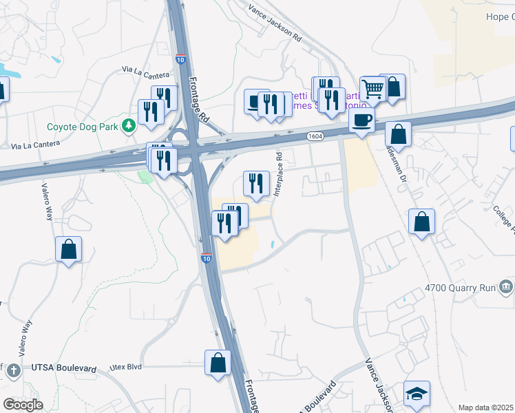 map of restaurants, bars, coffee shops, grocery stores, and more near 5615 Landmark Parkway in San Antonio