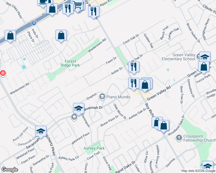 map of restaurants, bars, coffee shops, grocery stores, and more near 3920 Habersham in Schertz