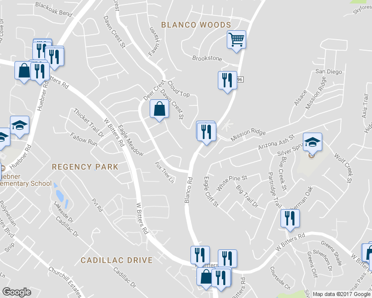 map of restaurants, bars, coffee shops, grocery stores, and more near 15502 Clover Ridge Street in San Antonio