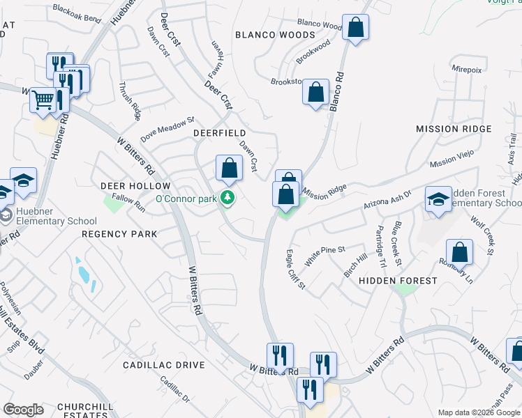 map of restaurants, bars, coffee shops, grocery stores, and more near 15502 Clover Ridge Street in San Antonio