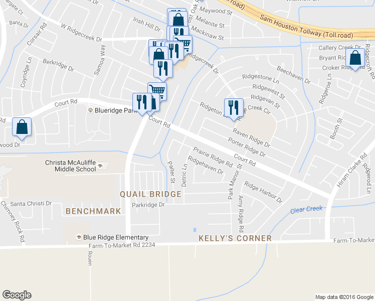 map of restaurants, bars, coffee shops, grocery stores, and more near 16306 Detric Lane in Houston