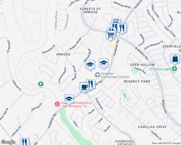 map of restaurants, bars, coffee shops, grocery stores, and more near 16311 Huebner Road in San Antonio