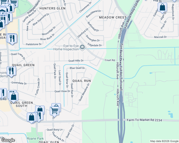 map of restaurants, bars, coffee shops, grocery stores, and more near 16423 Quail Call Drive in Missouri City