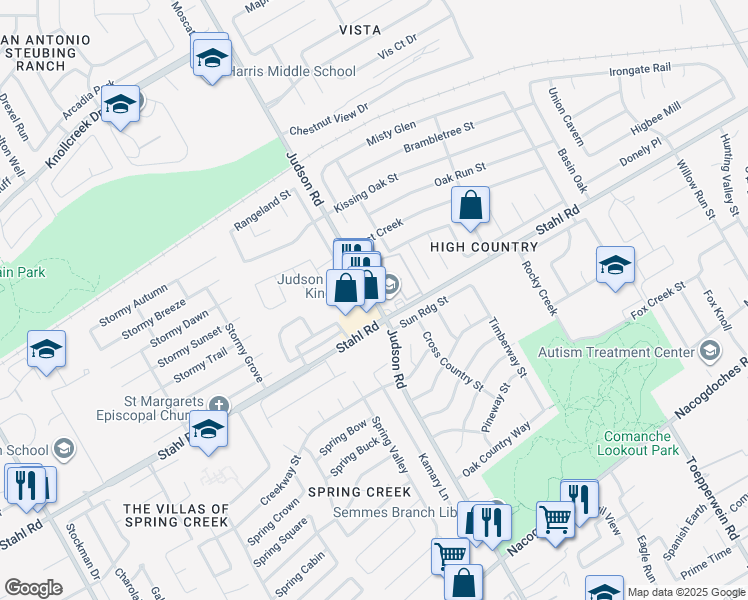 map of restaurants, bars, coffee shops, grocery stores, and more near 15184 Judson Road in San Antonio