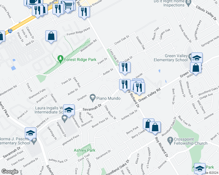 map of restaurants, bars, coffee shops, grocery stores, and more near 3908 Ogelthorpe in Schertz