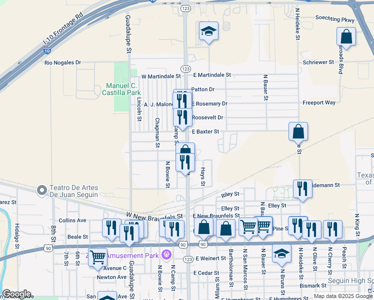 map of restaurants, bars, coffee shops, grocery stores, and more near 2108 North Austin Street in Seguin