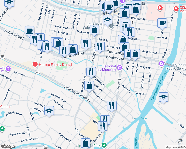 map of restaurants, bars, coffee shops, grocery stores, and more near 1208 Lafayette Street in Houma