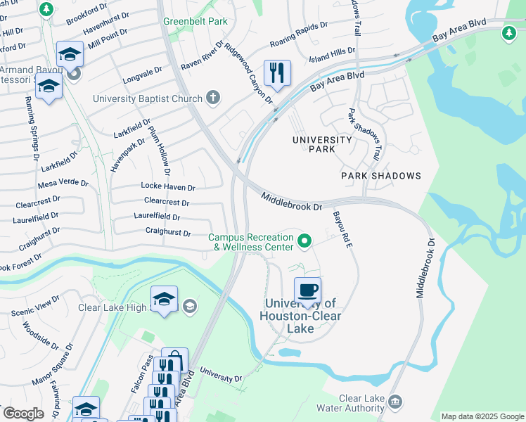 map of restaurants, bars, coffee shops, grocery stores, and more near 3600 Bay Area Blvd in Houston