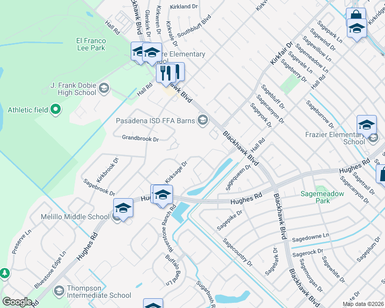 map of restaurants, bars, coffee shops, grocery stores, and more near 8715 Kirksage Drive in Houston