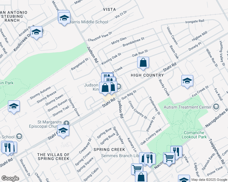 map of restaurants, bars, coffee shops, grocery stores, and more near 15184 Judson Road in San Antonio