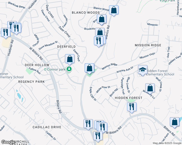 map of restaurants, bars, coffee shops, grocery stores, and more near 16350 Blanco Road in San Antonio
