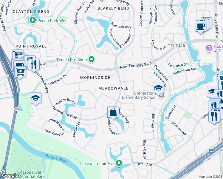 map of restaurants, bars, coffee shops, grocery stores, and more near 1627 Berkoff Drive in Sugar Land