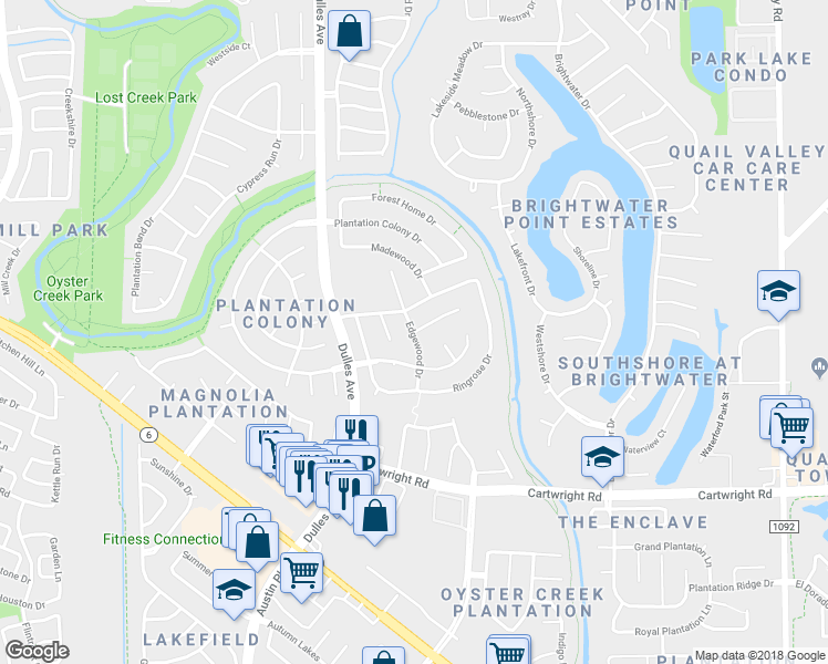 map of restaurants, bars, coffee shops, grocery stores, and more near 4599 Oak Valley Drive in Missouri City