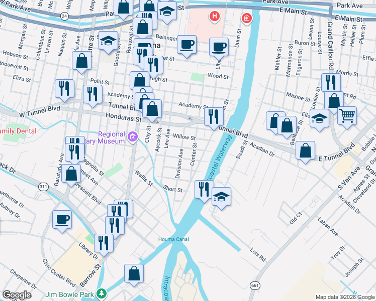 map of restaurants, bars, coffee shops, grocery stores, and more near 1306 Center Street in Houma