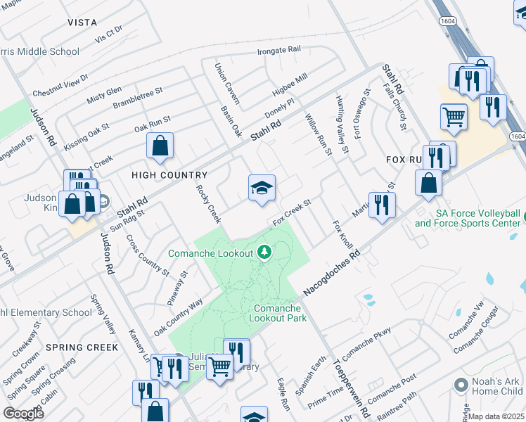 map of restaurants, bars, coffee shops, grocery stores, and more near 6111 Fox Creek Street in San Antonio