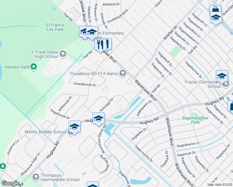 map of restaurants, bars, coffee shops, grocery stores, and more near 8715 Kirksage Drive in Houston