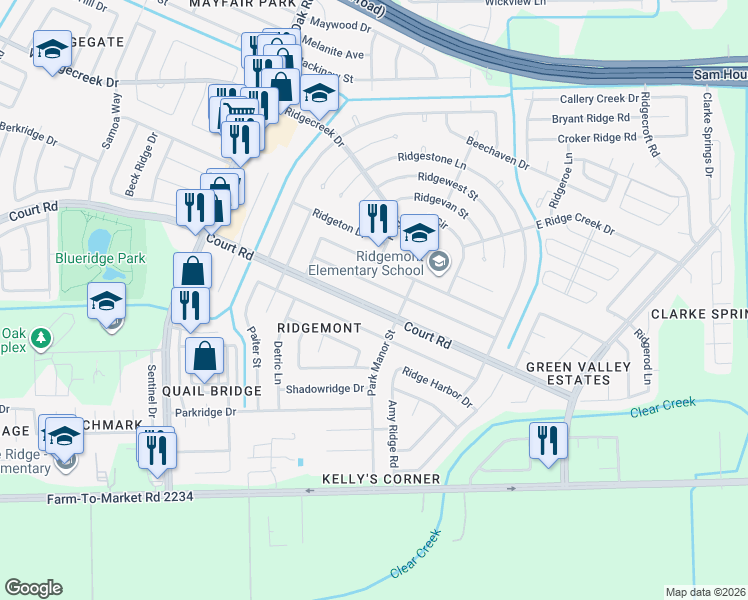 map of restaurants, bars, coffee shops, grocery stores, and more near 5035 Court Road in Houston