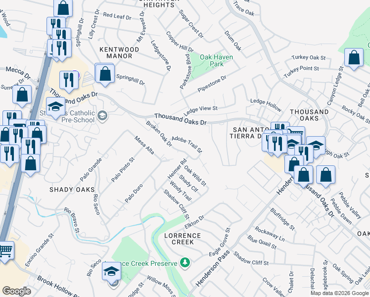 map of restaurants, bars, coffee shops, grocery stores, and more near 2107 Broken Oak Street in San Antonio