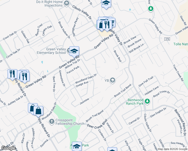 map of restaurants, bars, coffee shops, grocery stores, and more near 905 Woodland Oaks Drive in Cibolo