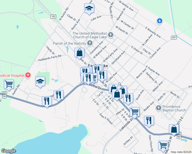 map of restaurants, bars, coffee shops, grocery stores, and more near 201 East A Street in Eagle Lake