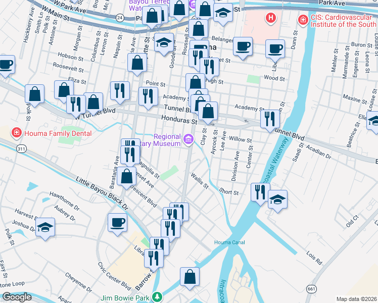map of restaurants, bars, coffee shops, grocery stores, and more near 1399 Daspit St in Houma
