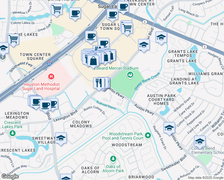 map of restaurants, bars, coffee shops, grocery stores, and more near 1720 Austin Parkway in Sugar Land