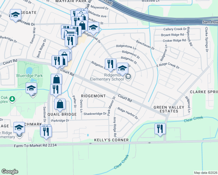 map of restaurants, bars, coffee shops, grocery stores, and more near 5035 Court Road in Houston