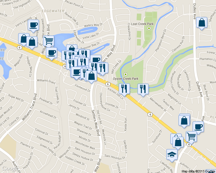 map of restaurants, bars, coffee shops, grocery stores, and more near 2411 Lively Lane in Sugar Land