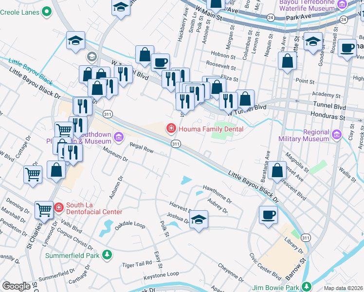 map of restaurants, bars, coffee shops, grocery stores, and more near 1605 Polk St in Houma