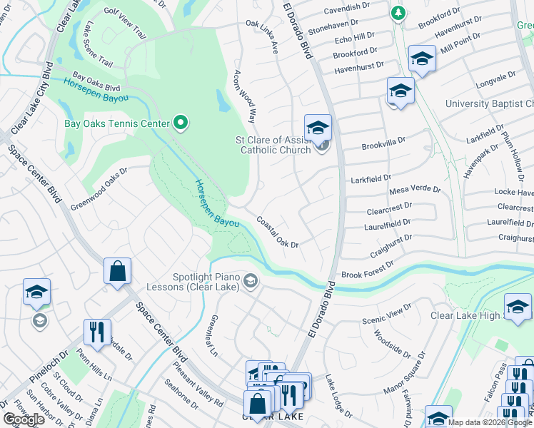 map of restaurants, bars, coffee shops, grocery stores, and more near 15306 Coastal Oak Court in Houston