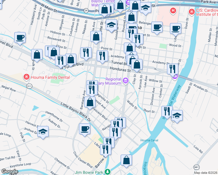map of restaurants, bars, coffee shops, grocery stores, and more near 1225 Goode Street in Houma