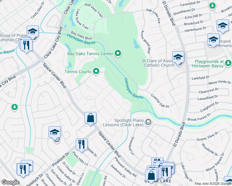 map of restaurants, bars, coffee shops, grocery stores, and more near 14810 Sparkling Bay Lane in Houston