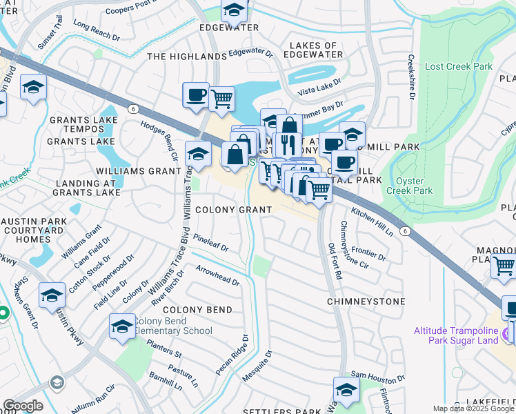 map of restaurants, bars, coffee shops, grocery stores, and more near 2902 Jenny Drive in Sugar Land