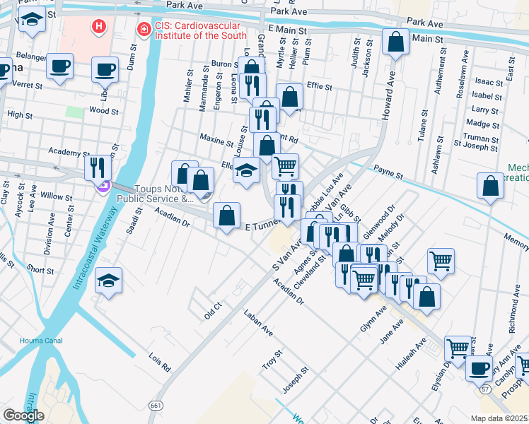 map of restaurants, bars, coffee shops, grocery stores, and more near 1526-1558 East Tunnel Boulevard in Houma
