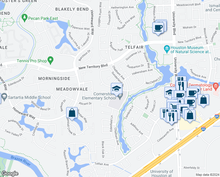 map of restaurants, bars, coffee shops, grocery stores, and more near 1426 Ravenel Lane in Sugar Land