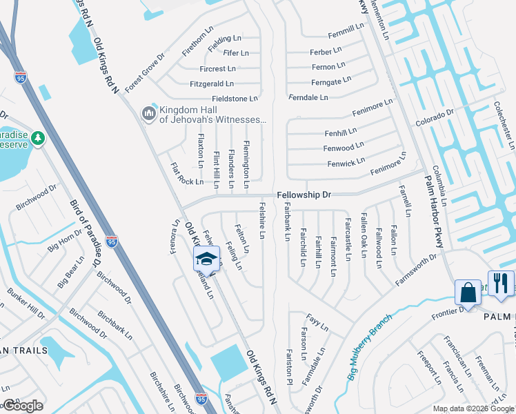 map of restaurants, bars, coffee shops, grocery stores, and more near 2 Felwood Lane in Palm Coast