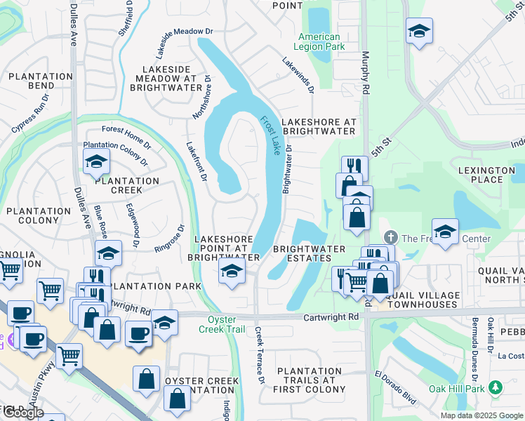 map of restaurants, bars, coffee shops, grocery stores, and more near 2019 Tradewinds Drive in Missouri City