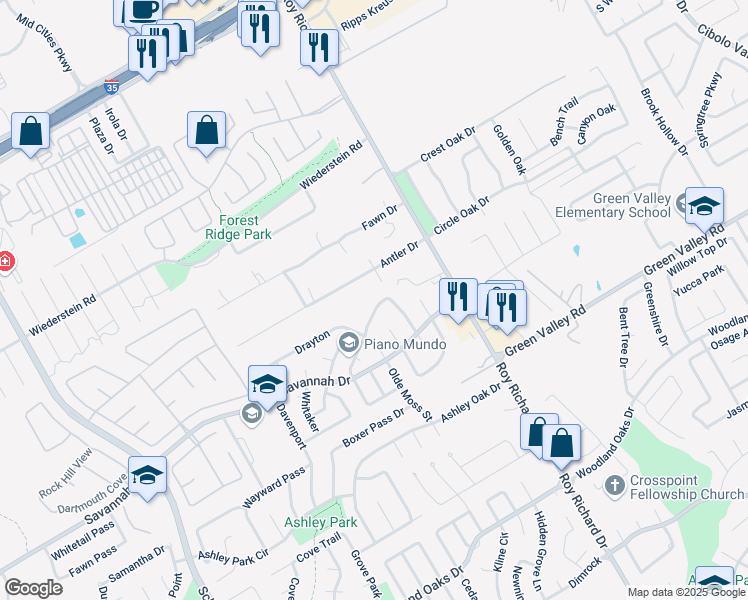 map of restaurants, bars, coffee shops, grocery stores, and more near 3920 Habersham in Schertz