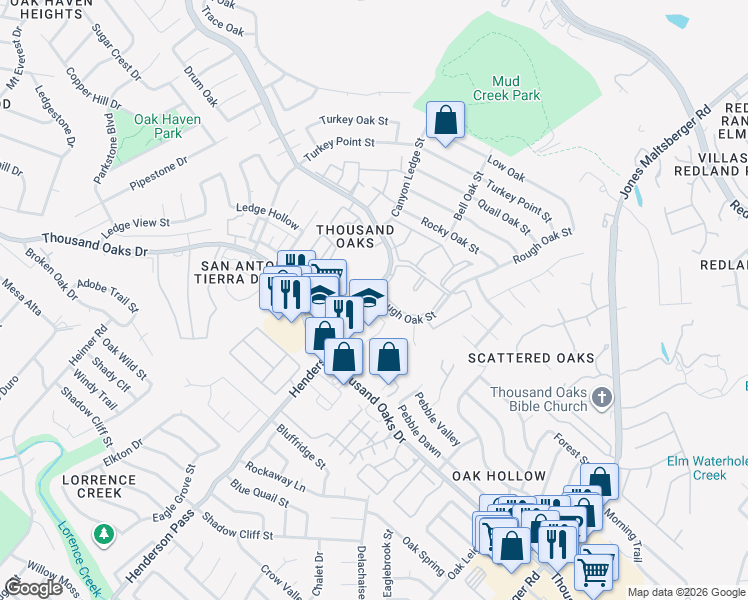 map of restaurants, bars, coffee shops, grocery stores, and more near 16080 Henderson Pass in San Antonio