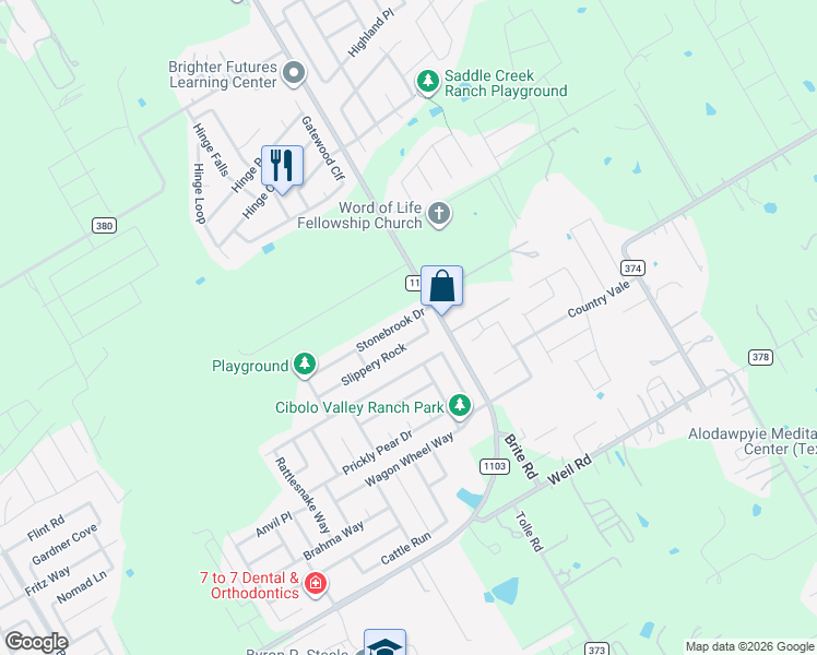 map of restaurants, bars, coffee shops, grocery stores, and more near 553 Stonebrook Drive in Cibolo